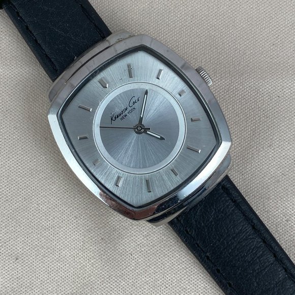 Kenneth Cole Silver Tone Black Leather Band - Picture 2 of 7